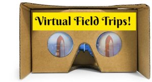 Google Virtual reality cardboard glasses with the word virtual field trips.