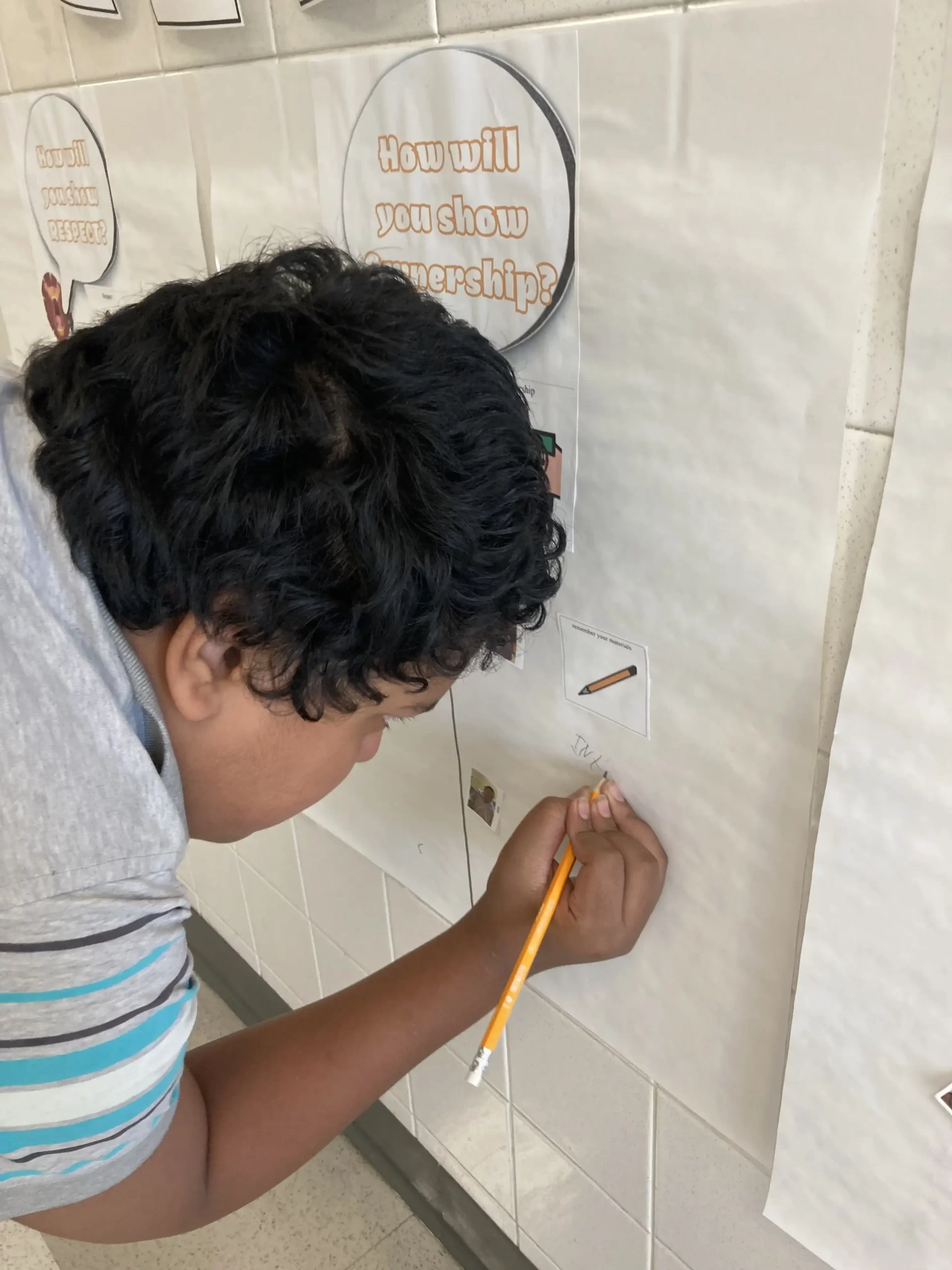 boy wearing grey shirt adding points to his roar positive behavior chart