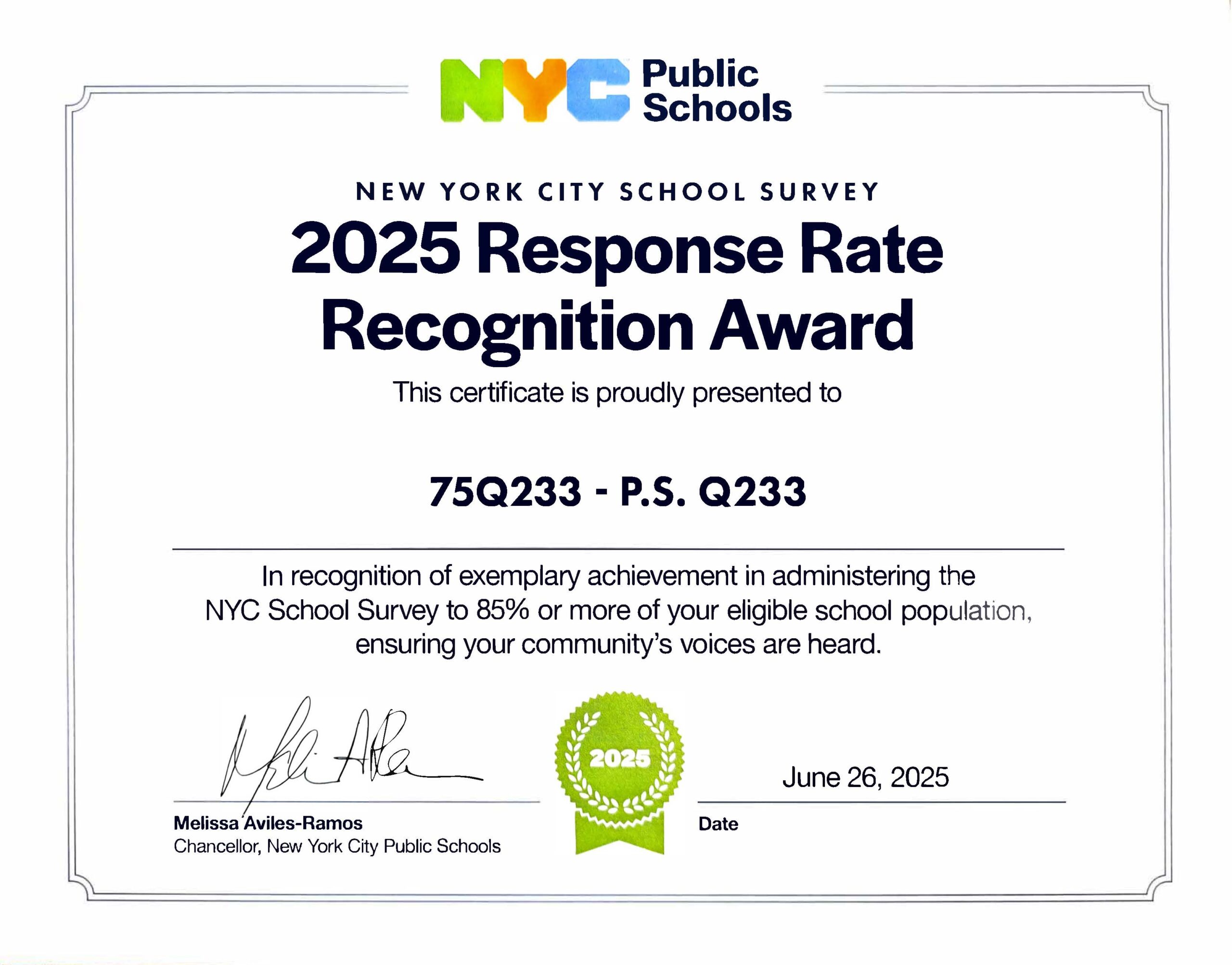 Certificate for school survey completion over 85%