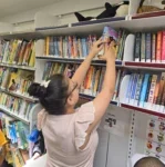 student picks a book from a bookshelf